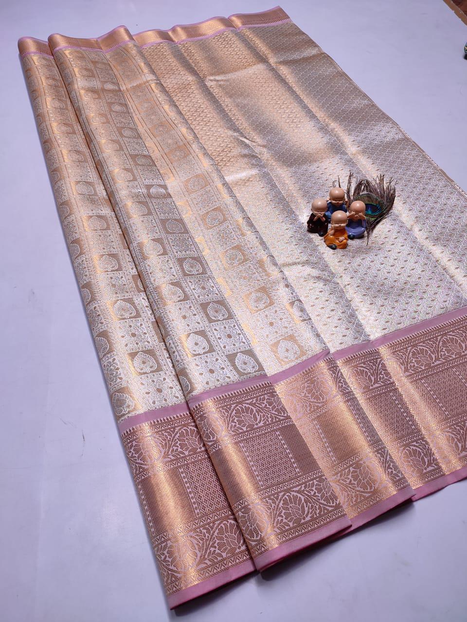 Banarasi Silk Saree — Ivory & Rose Gold